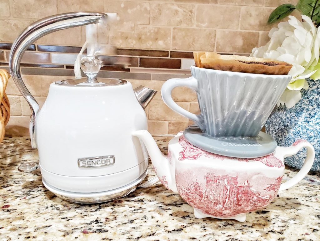 Teapot with porcelain pour over cone and Tea kettle.