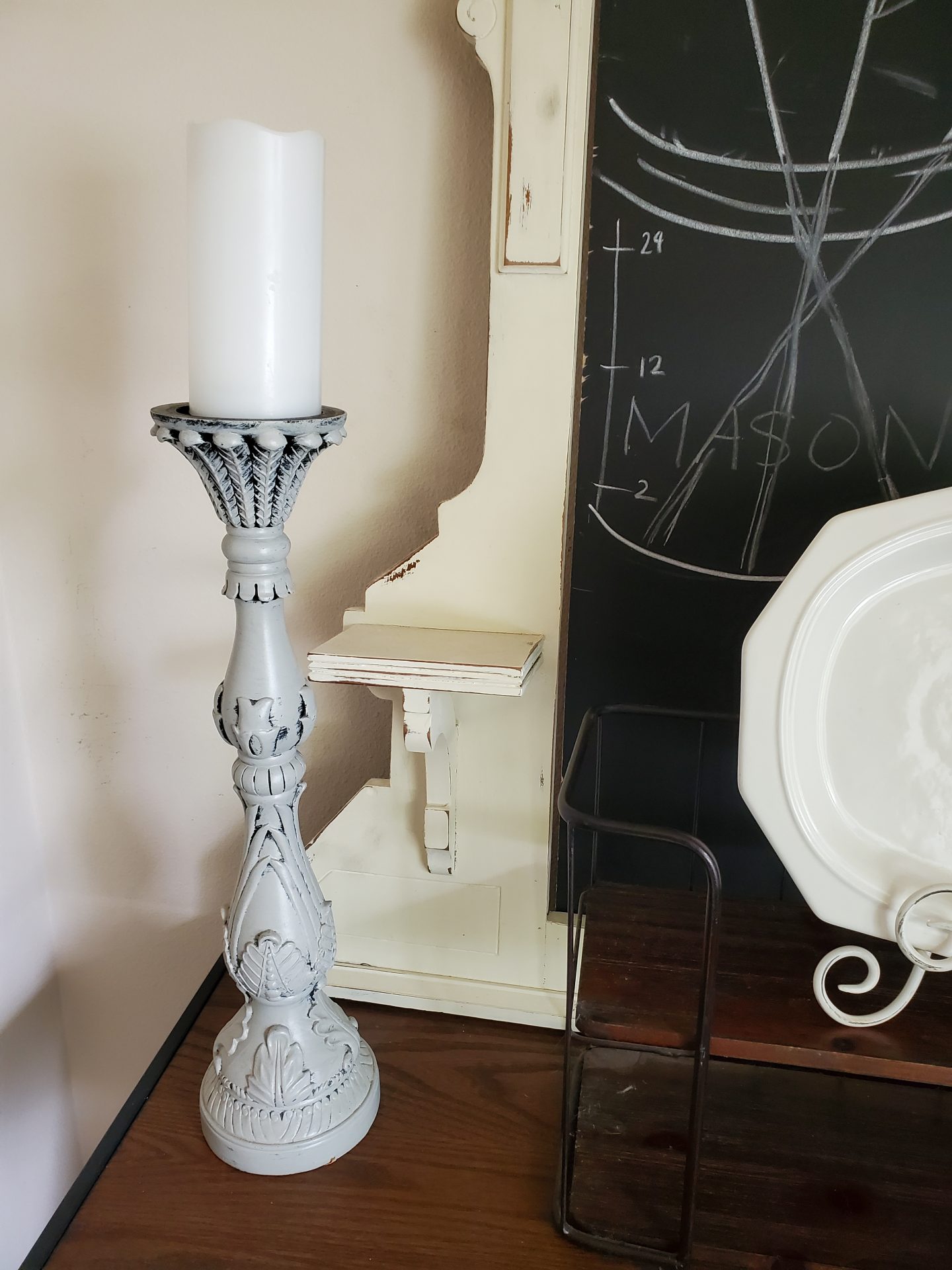 Grey candlestick from thrift store. Styling it in my home.