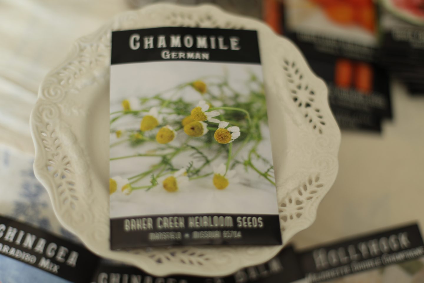 Chamomile seed packet for preparing for a backyard homestead.
