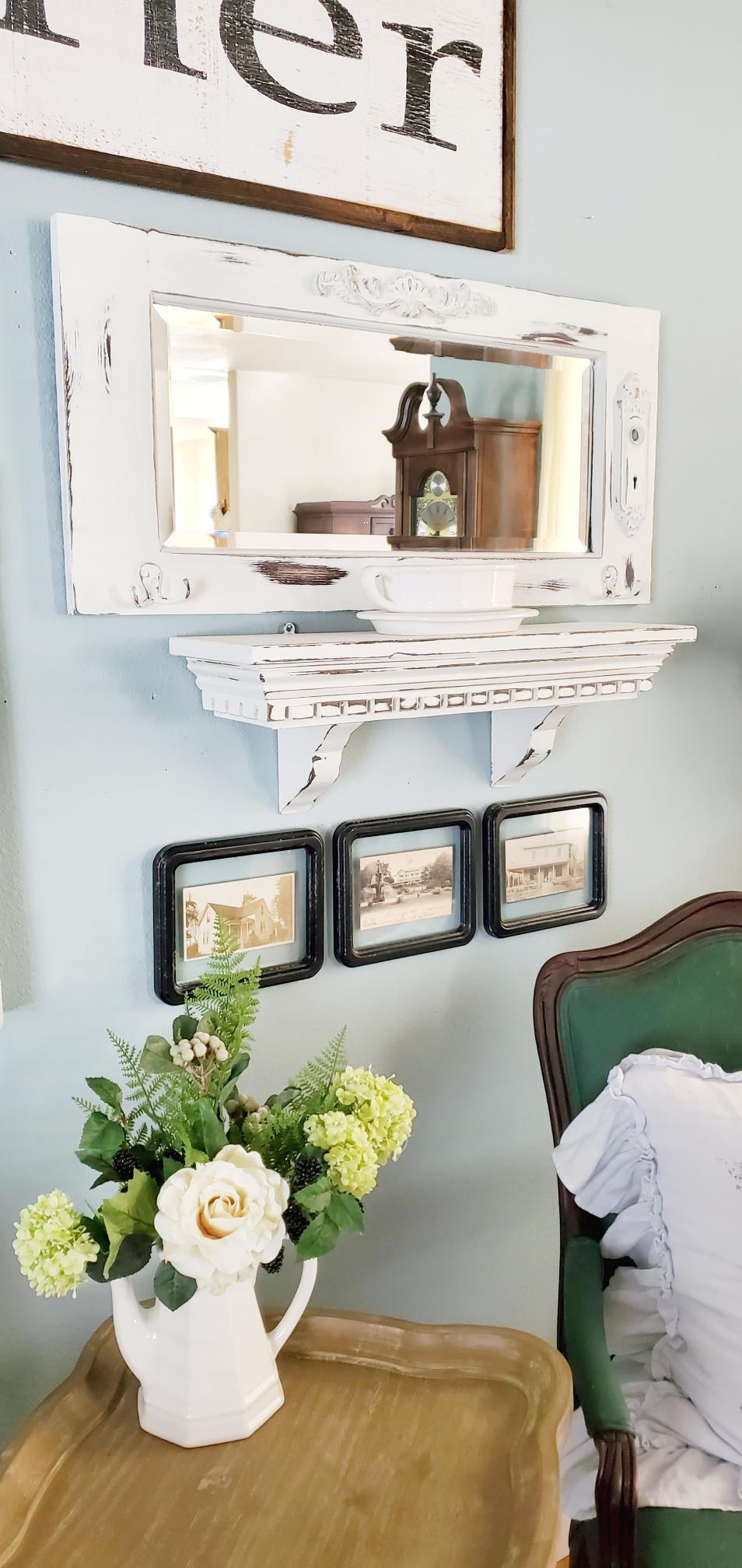 The after photo of the Goodwill shelf & mirror makeover.
