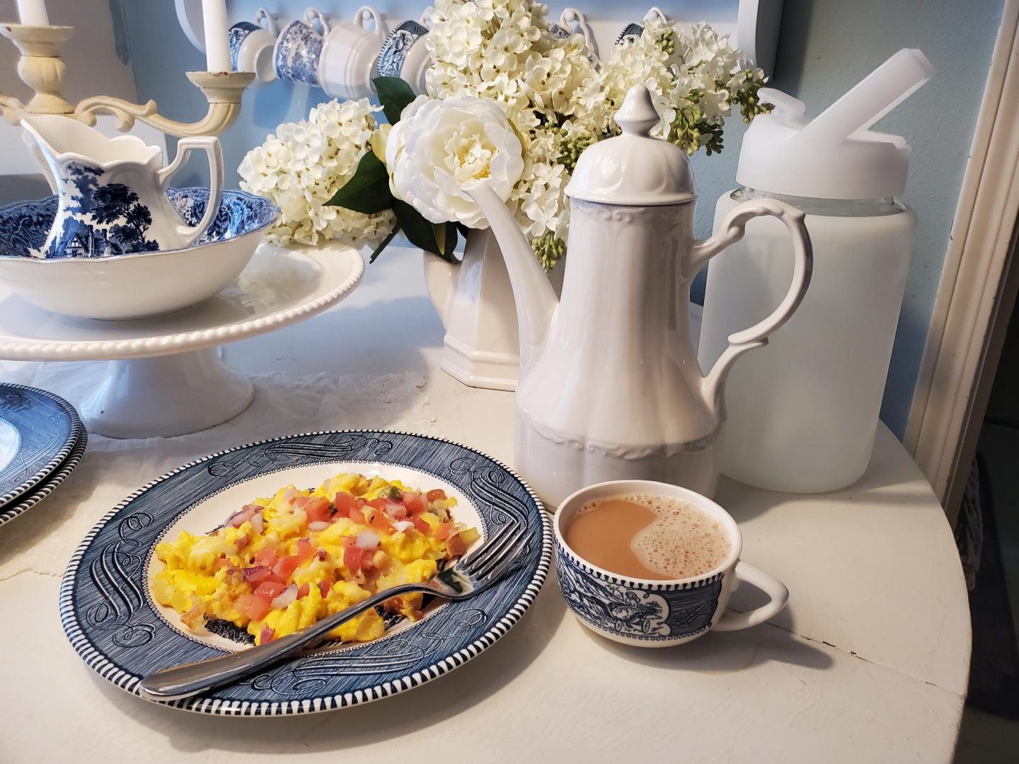 Simple breakfast with eggs, onions & peppers. And coffee, of course. All whole foods.