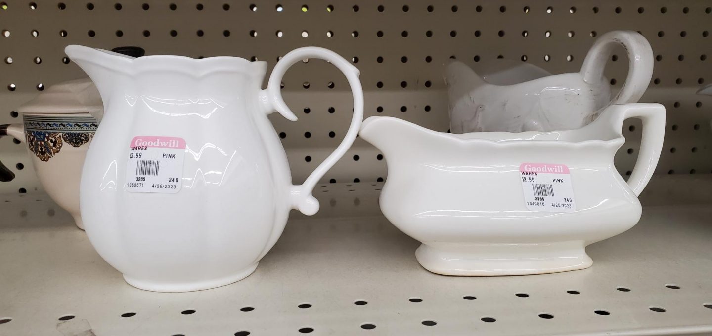 White creamer and gravy bowl found at Goodwill.