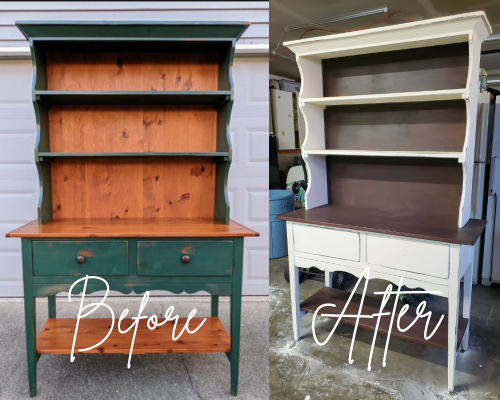Before and after photo of a hutch I purchased from OfferUp. Painted it with Annie Sloan chalk paint & dark wax.